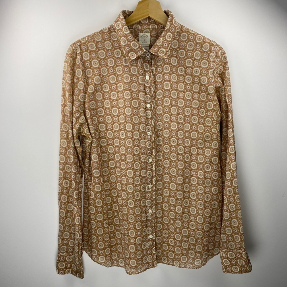 J.Crew The Perfect Shirt Women 12 Tan Rust Geometric Silk Blend Preppy Office
